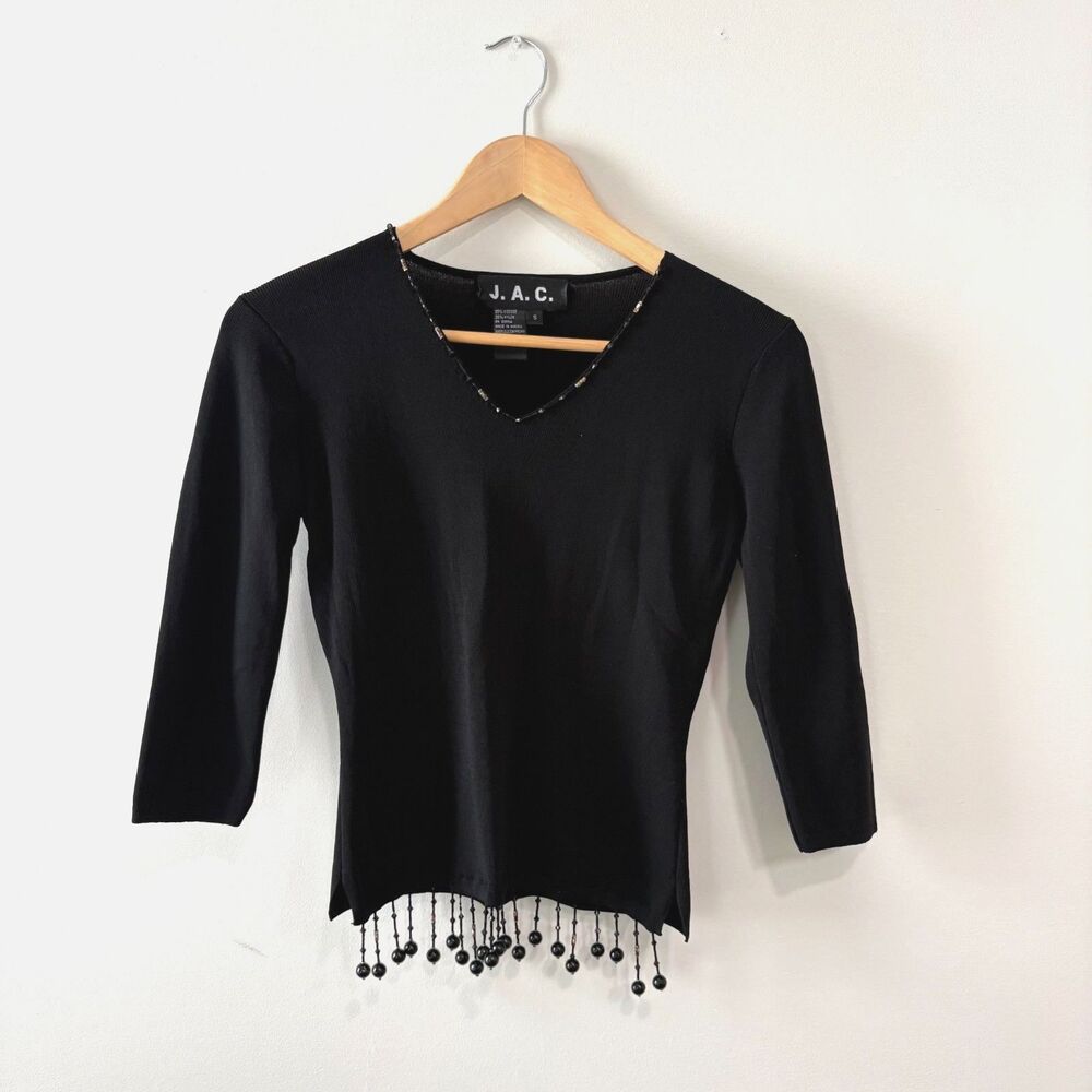 JAC Top Beaded Fringe 3/4 Sleeve Vintage 1990s Crop Whimsigoth Going Out S